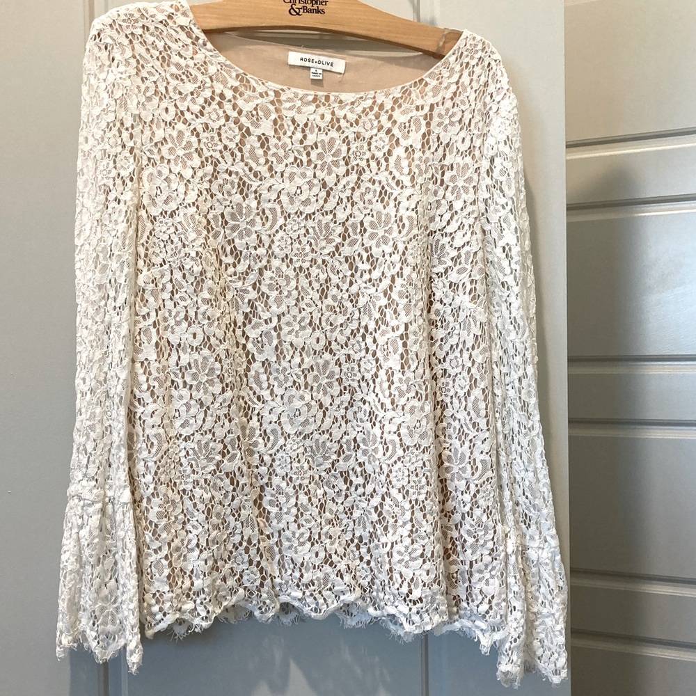 Long sleeve all white lace top. Lining underneath but sleeves lace only.